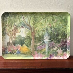Vintage 1996 Judy Buswell Watercolor Garden Floral Birdhouse Melamine Tray